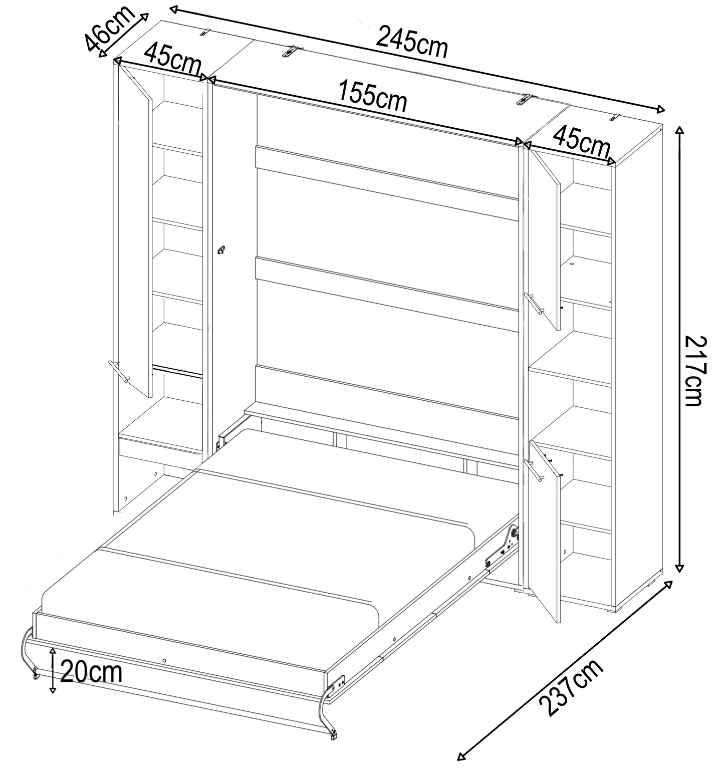 CP-01 Vertical Wall Bed Concept 140cm with Storage Cabinets Murphy Bed