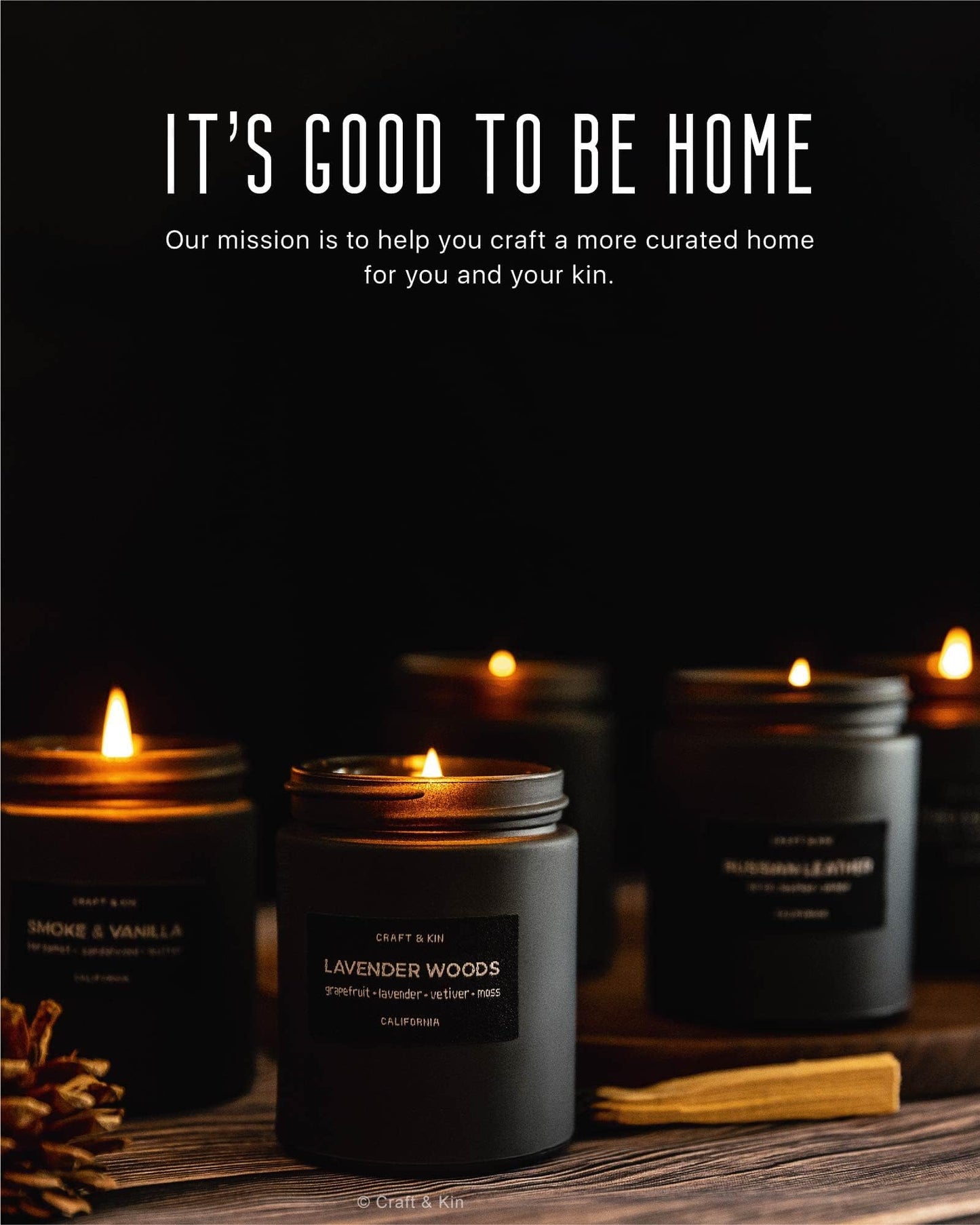 Craft & Kin Smoke & Vanilla Candle – Black Scent for Men, 7.6oz Soy, 45h Burn