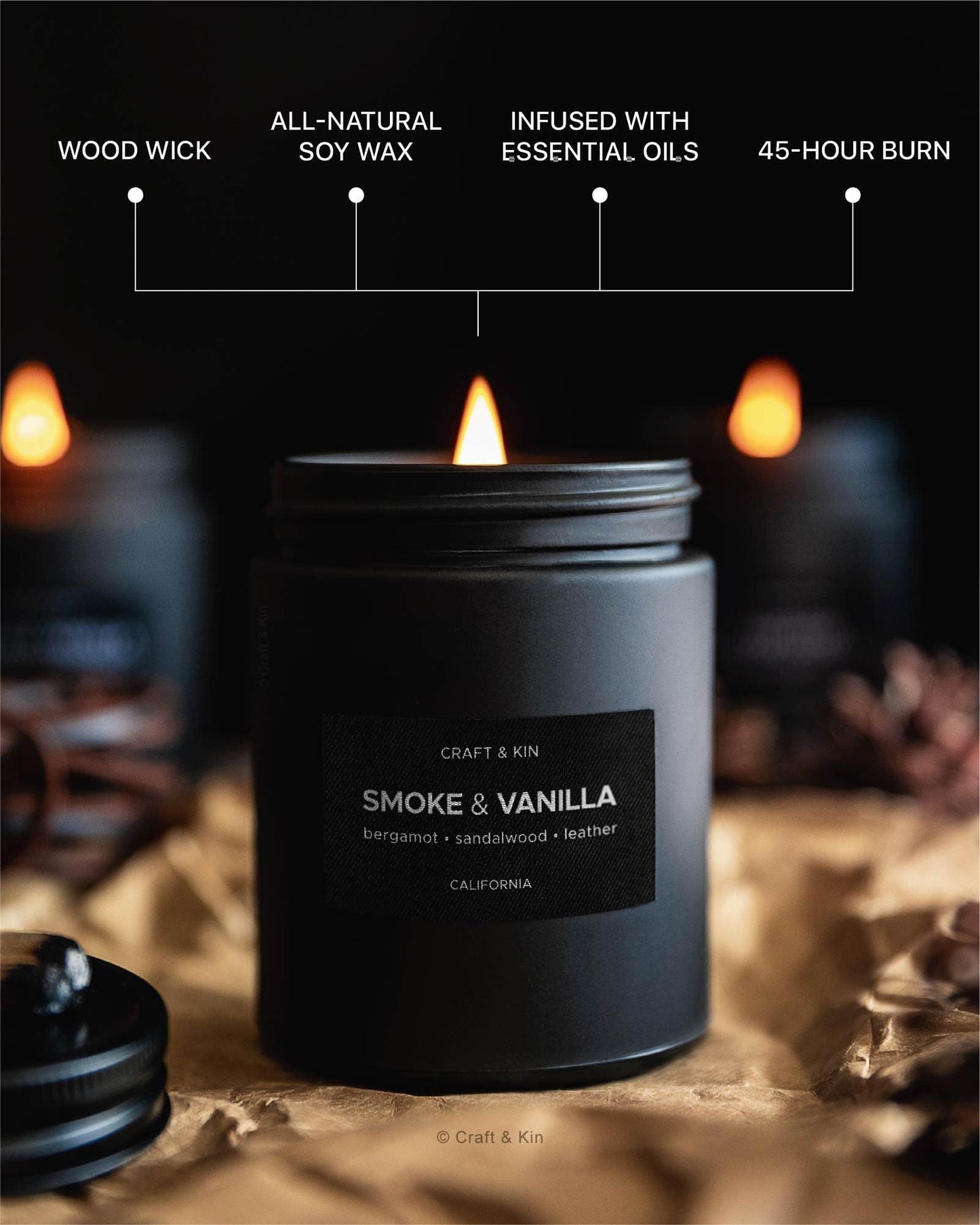 Craft & Kin Smoke & Vanilla Candle – Black Scent for Men, 7.6oz Soy, 45h Burn