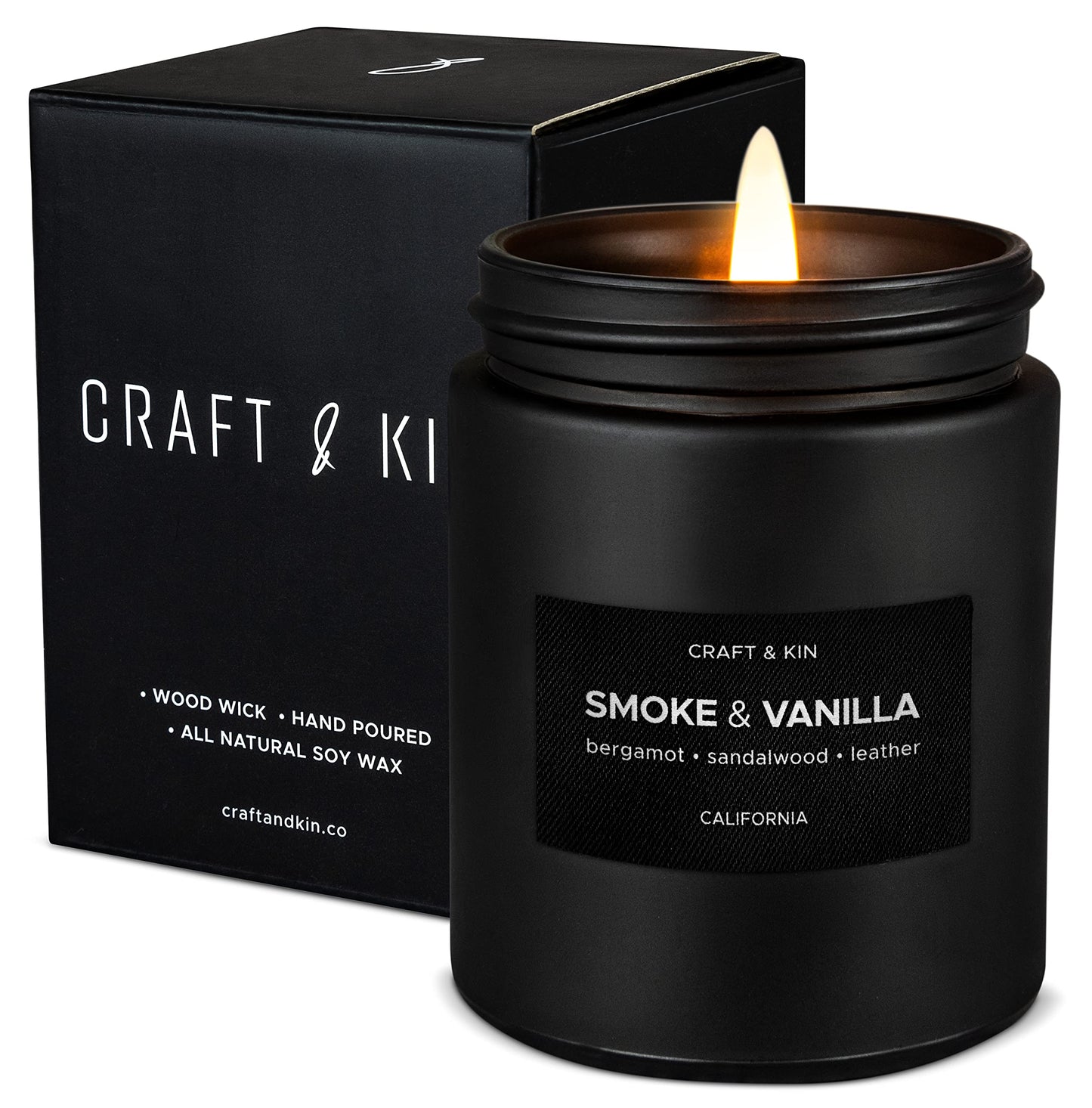 Craft & Kin Smoke & Vanilla Candle – Black Scent for Men, 7.6oz Soy, 45h Burn