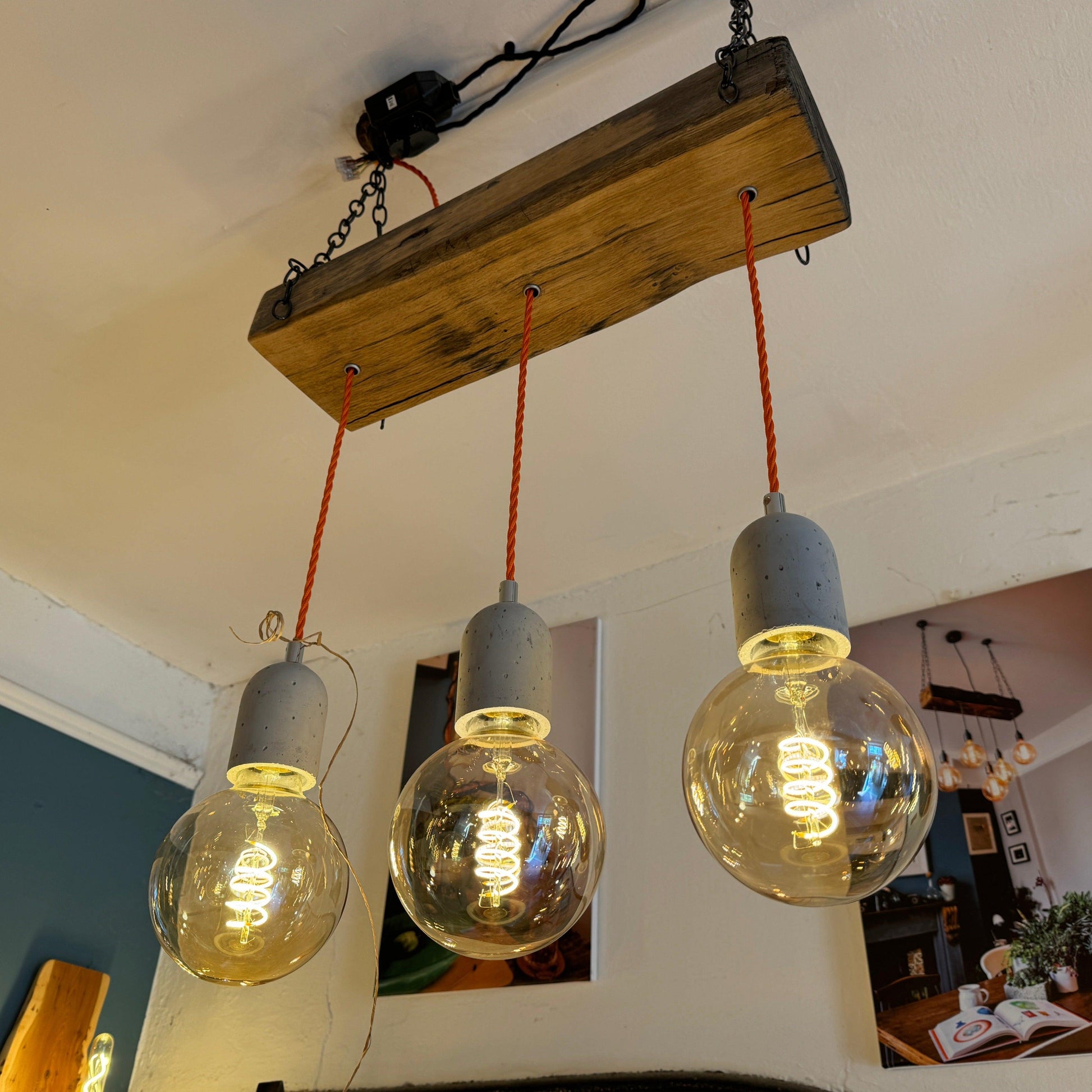 Crafted Oak Chandelier with Cement Lamp Holders