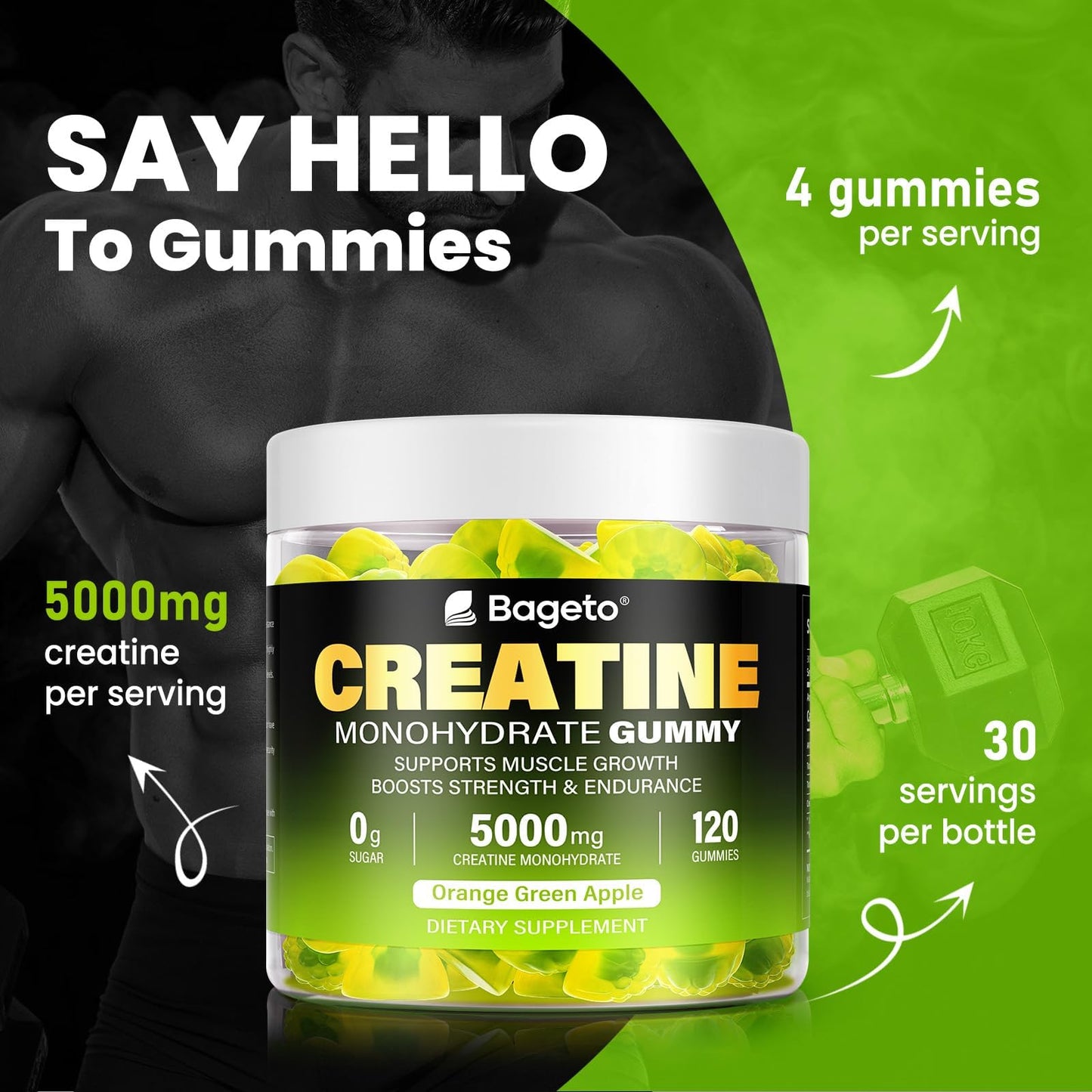 Creatine Monohydrate Gummies 5000mg – 120 Count for Men & Women | Sugar Free Pre-Workout (Orange & Green Apple)