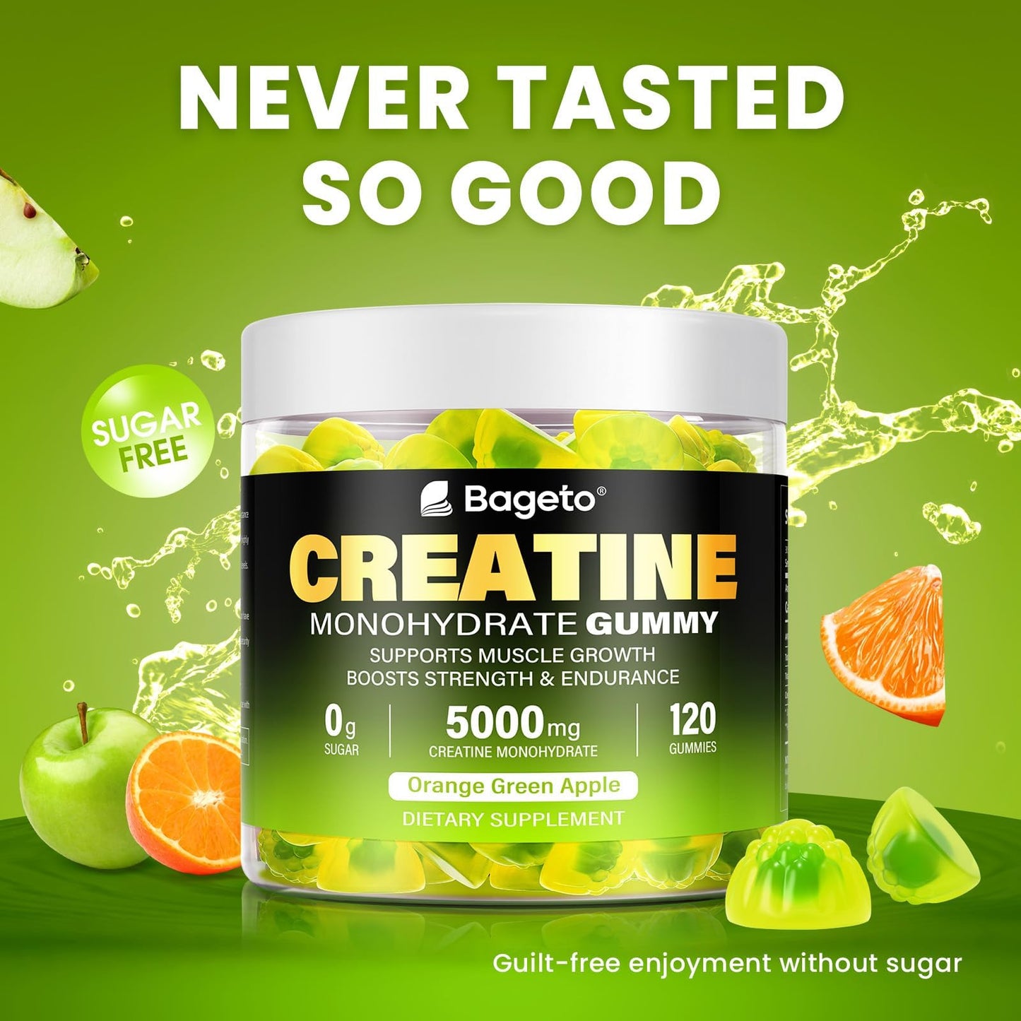 Creatine Monohydrate Gummies 5000mg – 120 Count for Men & Women | Sugar Free Pre-Workout (Orange & Green Apple)
