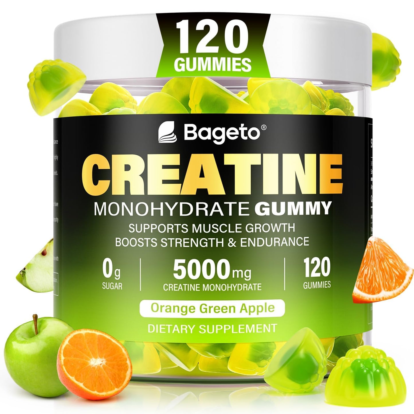 Creatine Monohydrate Gummies 5000mg – 120 Count for Men & Women | Sugar Free Pre-Workout (Orange & Green Apple)