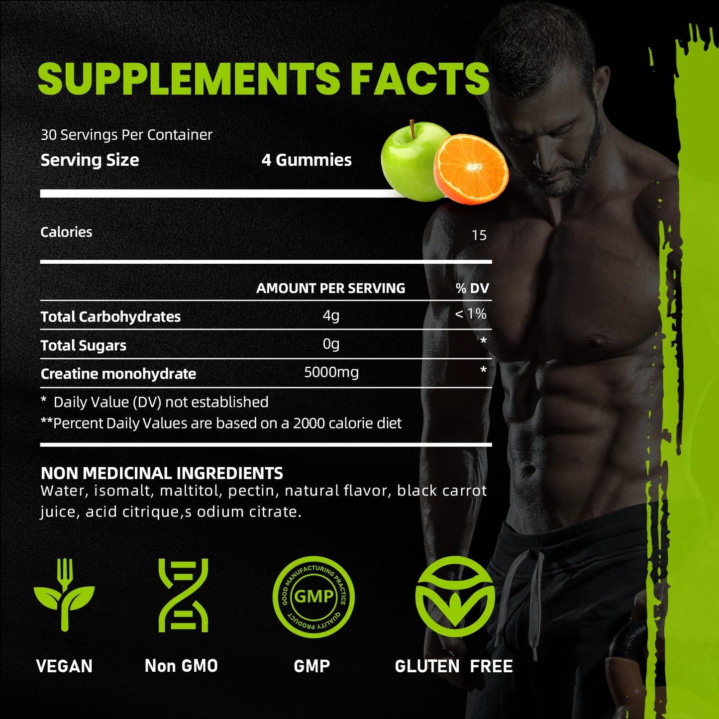 Creatine Monohydrate Gummies 5000mg – 120 Count for Men & Women | Sugar Free Pre-Workout (Orange & Green Apple)