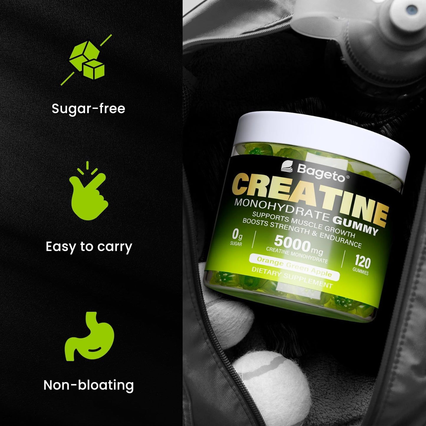 Creatine Monohydrate Gummies 5000mg – 120 Count for Men & Women | Sugar Free Pre-Workout (Orange & Green Apple)