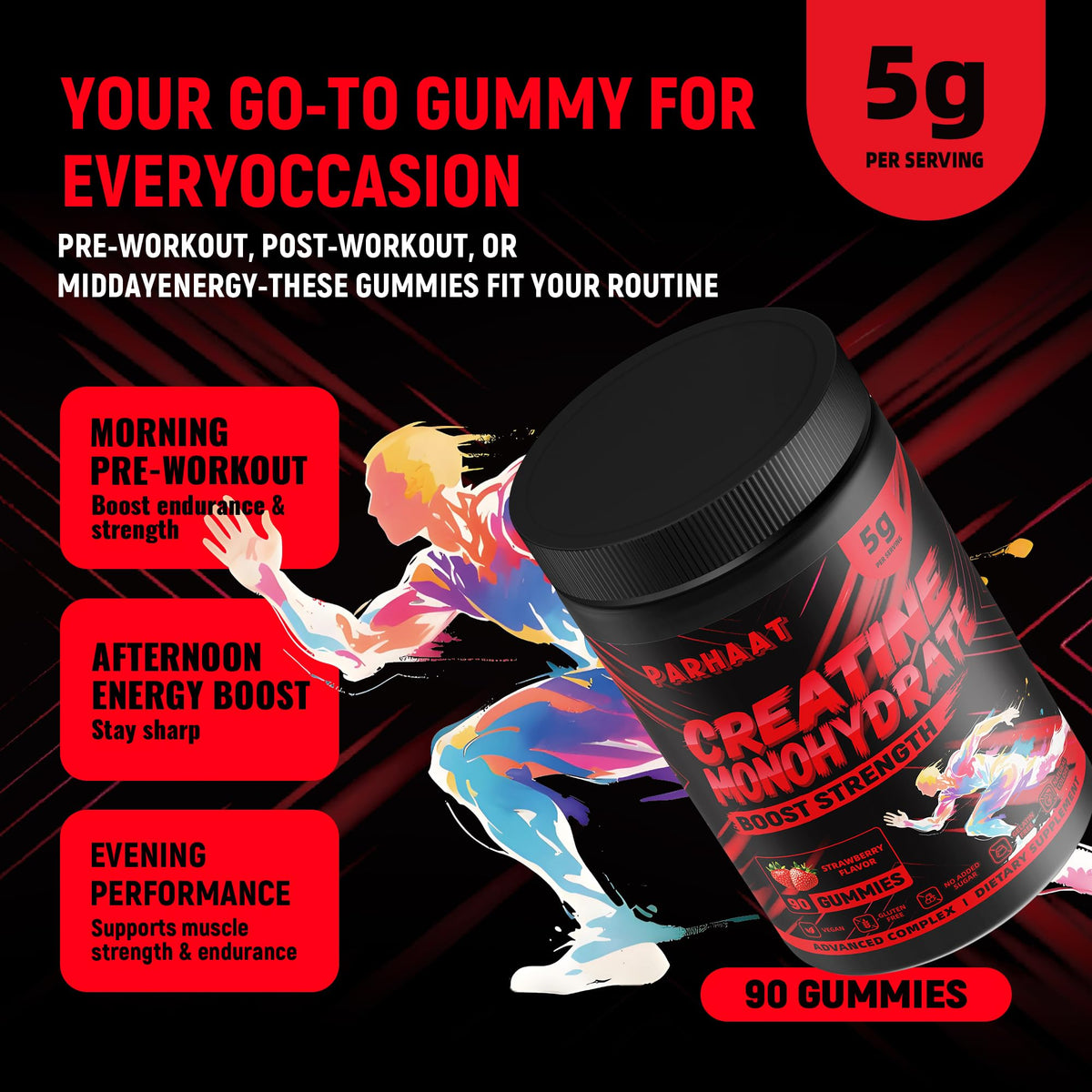 Creatine Monohydrate Gummies 5g for Men & Women - Boost Focus,Strength, and Endurance, Anti-Melting Formula, Vegan, Gluten-Free, Non-GMO, 2.5 Gram Creatine per Gummy (Strawberry 90 ct)