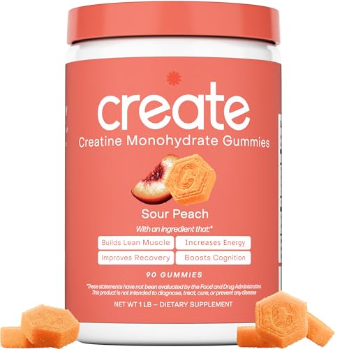 Create Creatine Monohydrate Gummies – 1.5g Per Gummy, Vegan, Anti-Melting, Sour Peach Flavor