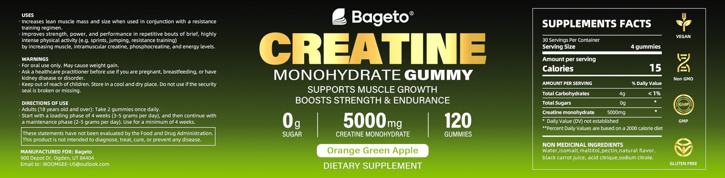 Creatine Monohydrate Gummies 5000mg – 120 Count for Men & Women | Sugar Free Pre-Workout (Orange & Green Apple)