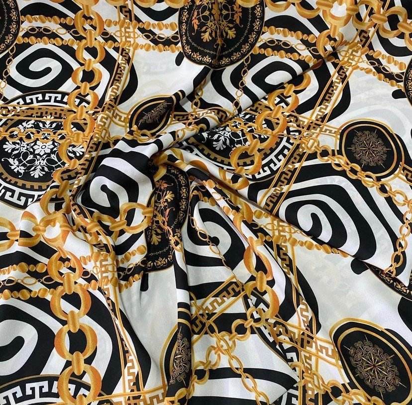 Gold Chain Greek Key Crepe Fabric By Metre