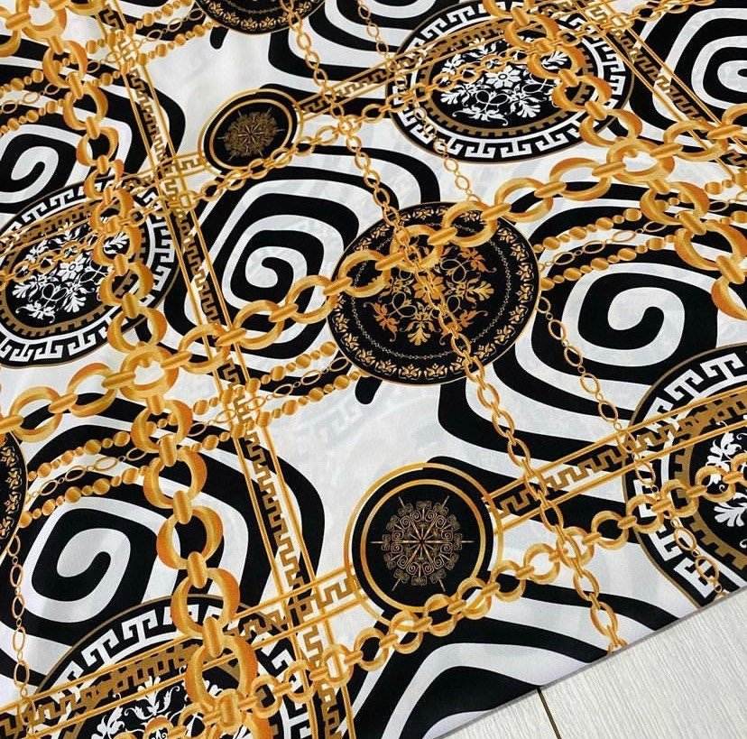 Gold Chain Greek Key Crepe Fabric By Metre
