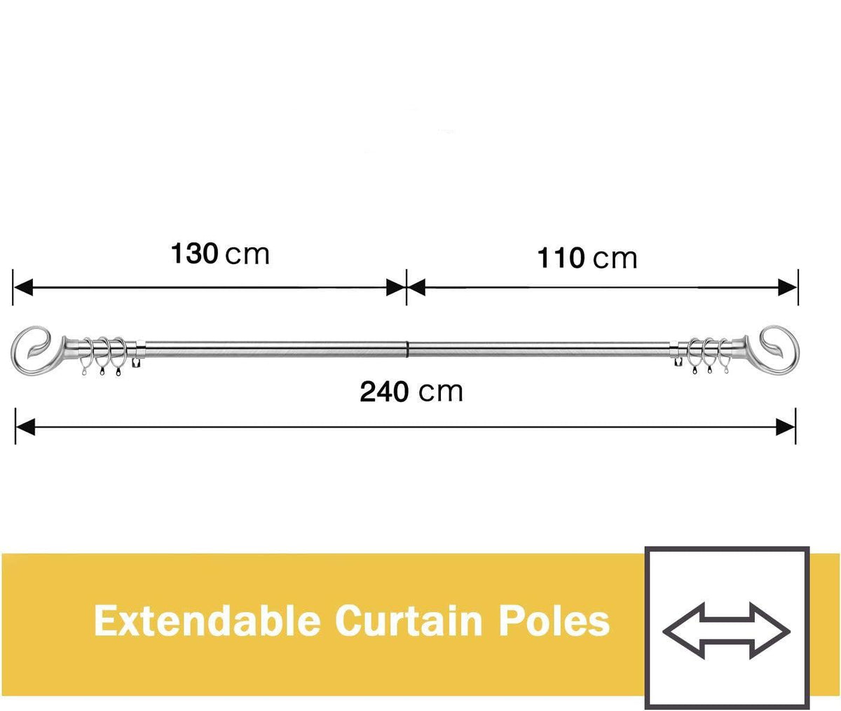 Curtain Pole Adjustable Length 130-240cm Chrome Ø16/19mm