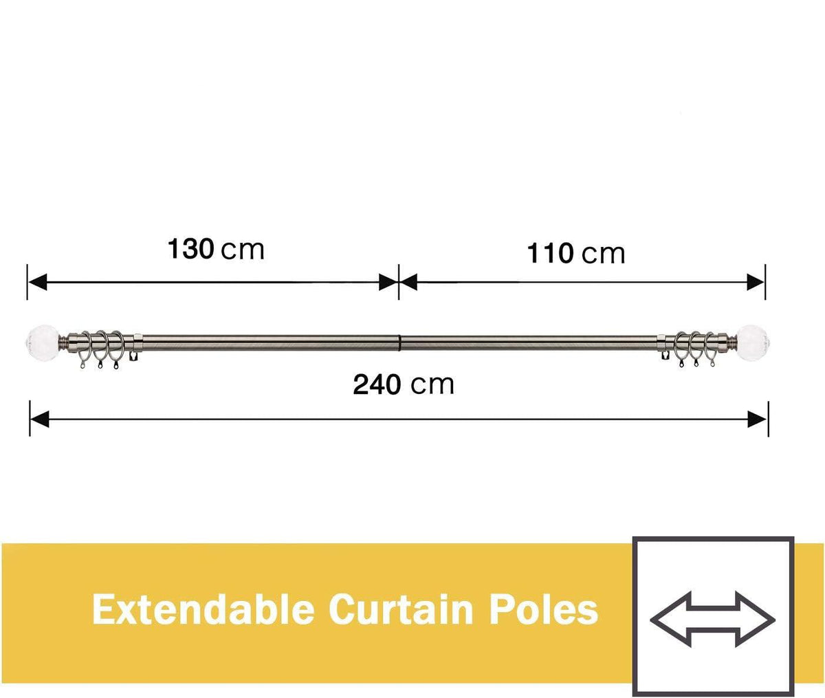 Extendable Curtain Pole Metal 25/28mm 130-240cm Black Nickel WL.Rocaille