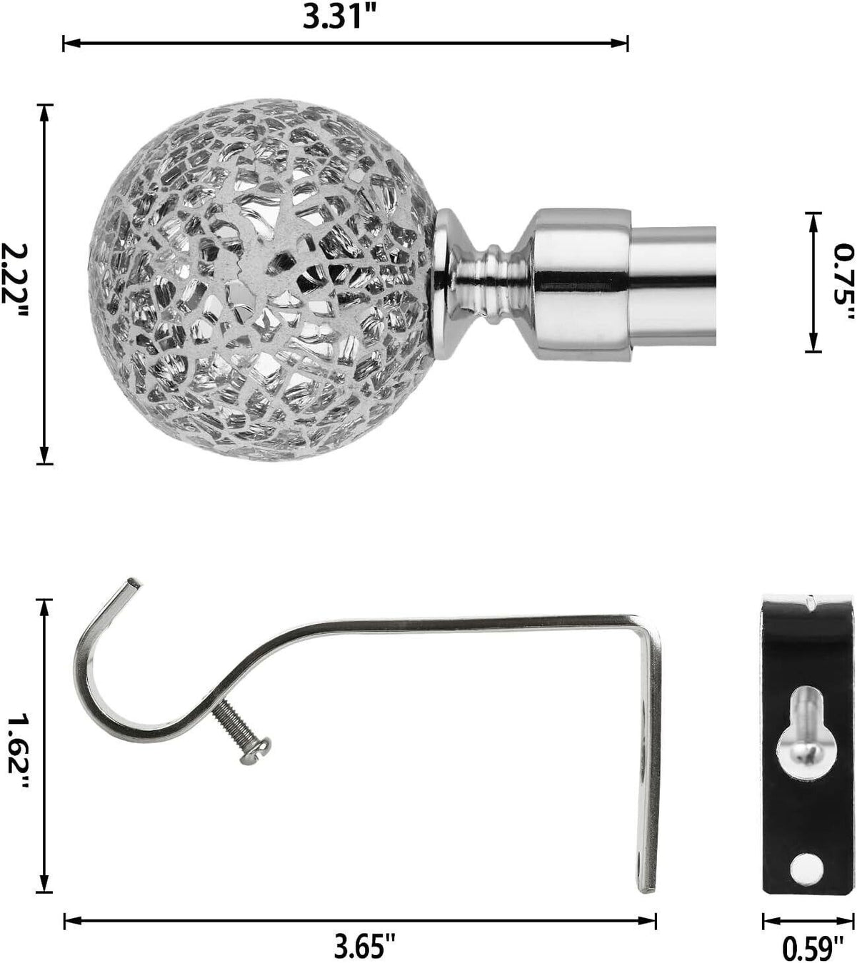 Curtain Poles Mosaic ball finials Extendable Set 70 to 120cm Chrome