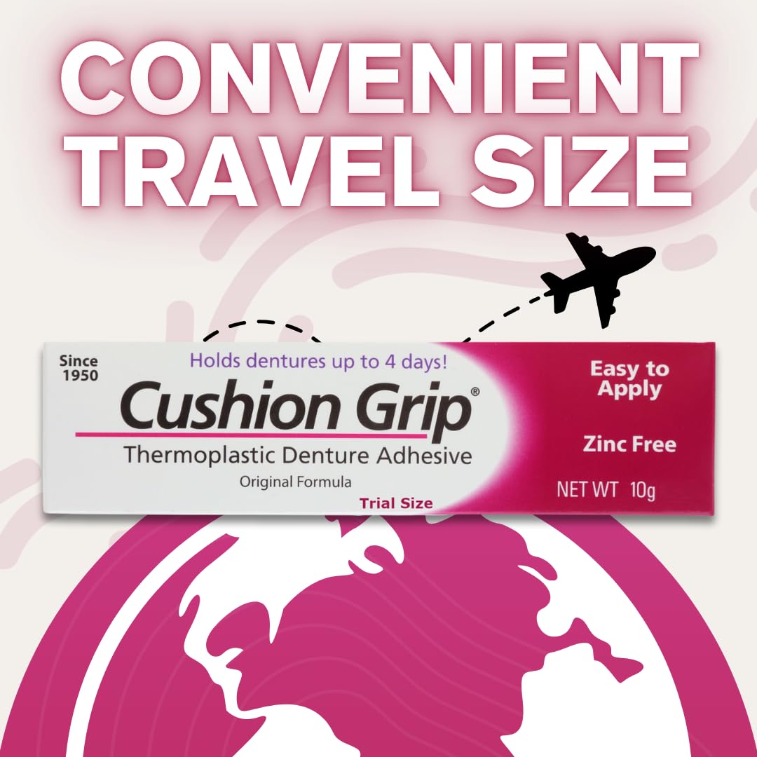 Cushion Grip Thermoplastic Denture Adhesive – Travel Size 0.35 oz Pack of 2 | Up to 4 Days Hold