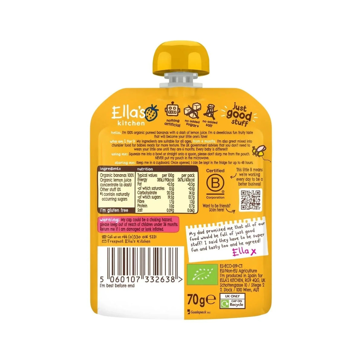 Ella's Kitchen Organic Bananas First Tates Baby Food Pouch 4+ months 70g