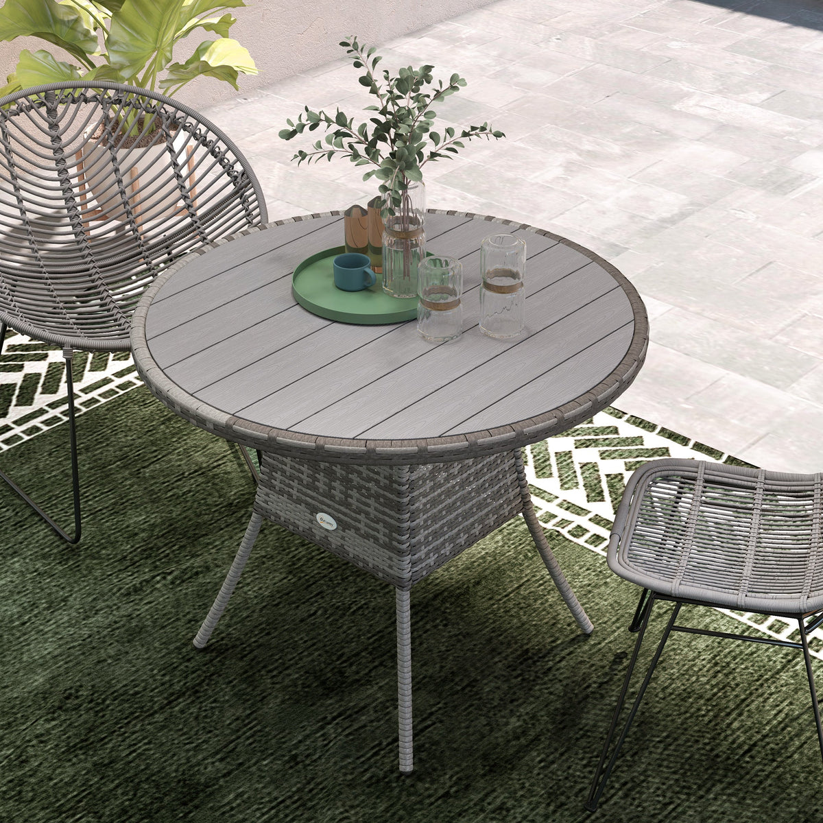 Outsunny Outdoor PE Rattan Dining Table w/ Wood-plastic Composite Top, Grey