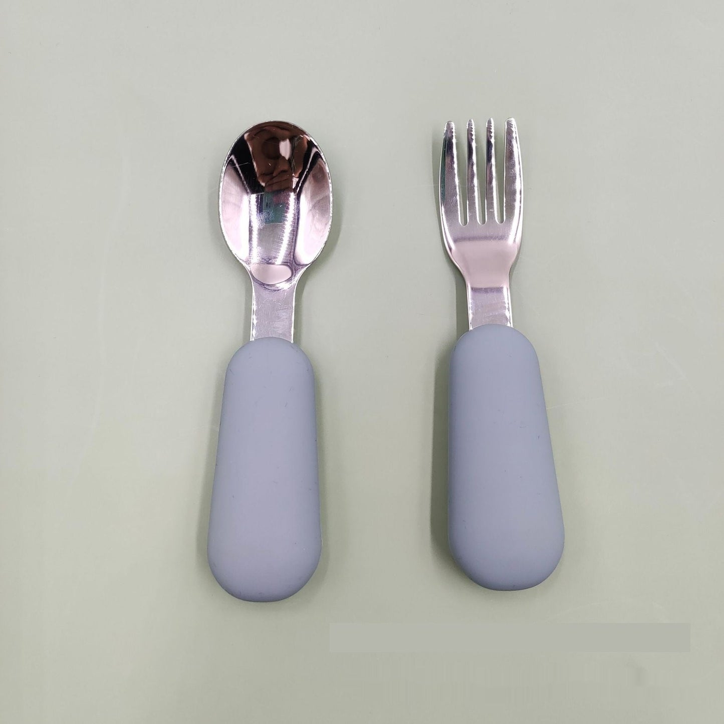 Stainless Steel Baby Spoon Fork Set - Short Handle Silicone Grip