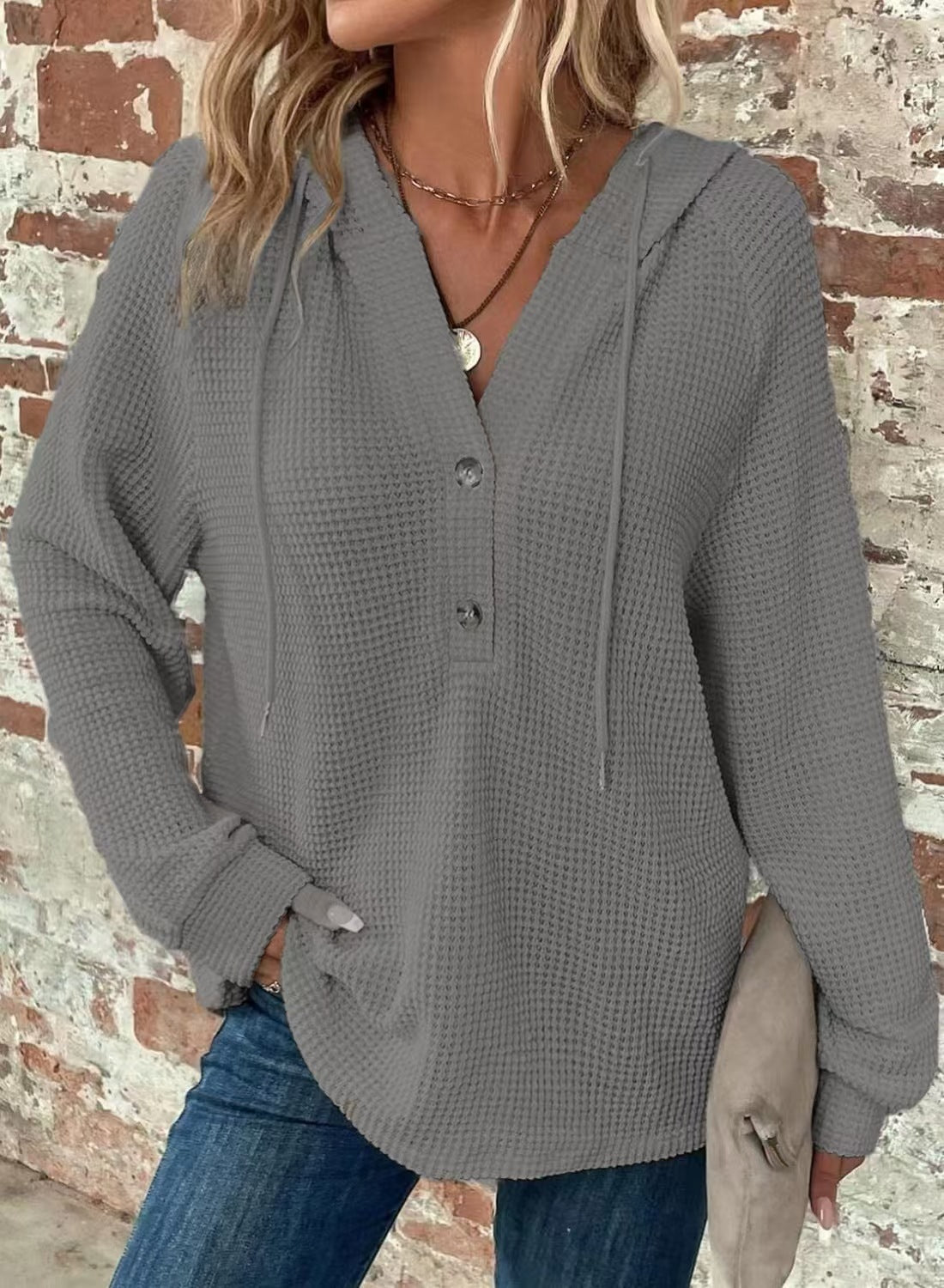 Waffle Hooded Sweater Sweatshirt Fashion Casual Long-sleeved Drawstring V-neck Buttons Top Women's Clothing