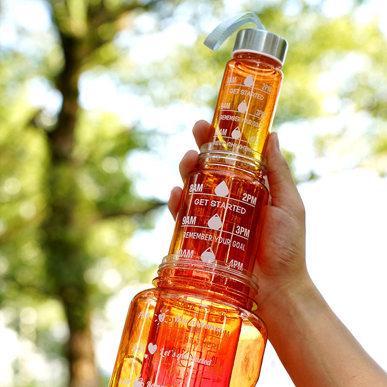 3-in-1 Gradient Color Motivational Water Bottles Set Plastic Straw Double Drink Translucent Outdoor Sports Bottle