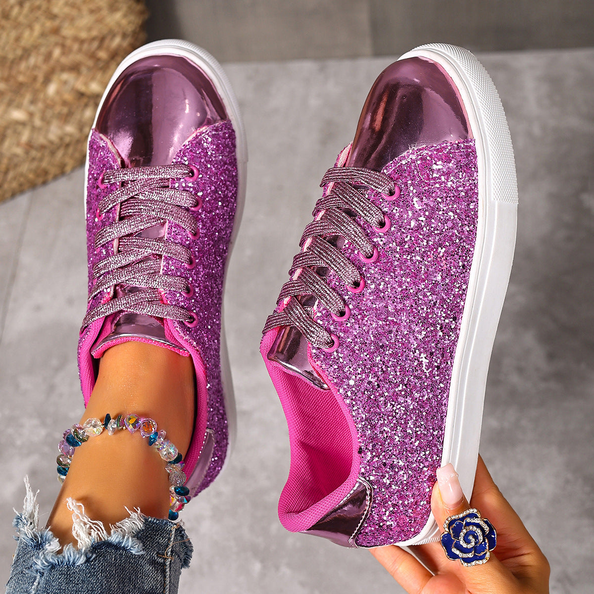 Plus Size Sequined Front Lace-up Solid Color Plus Size Board Shoes