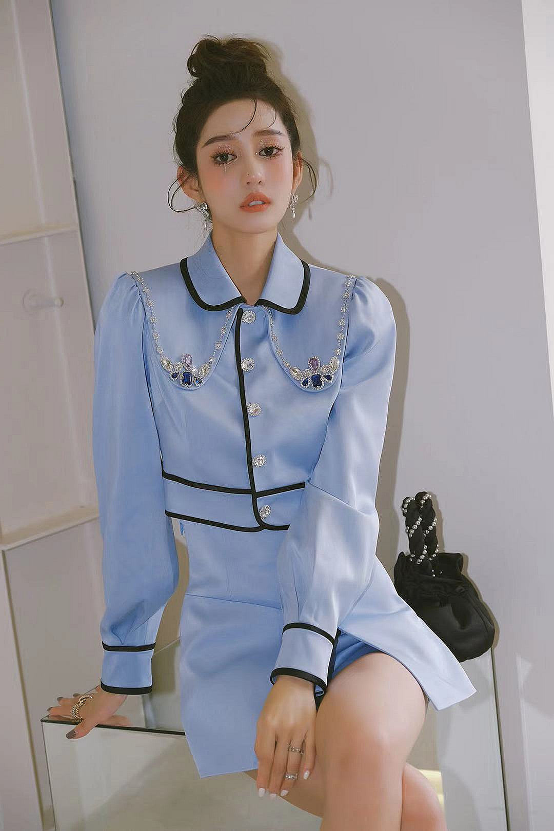 Temperament Blue Doll Collar Diamond Jacket Women''s Summer