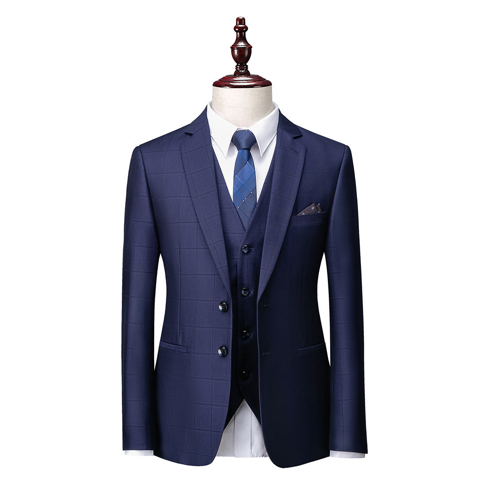 Men's Business Casual Plaid Slim Fit Suit Three-piece Suit