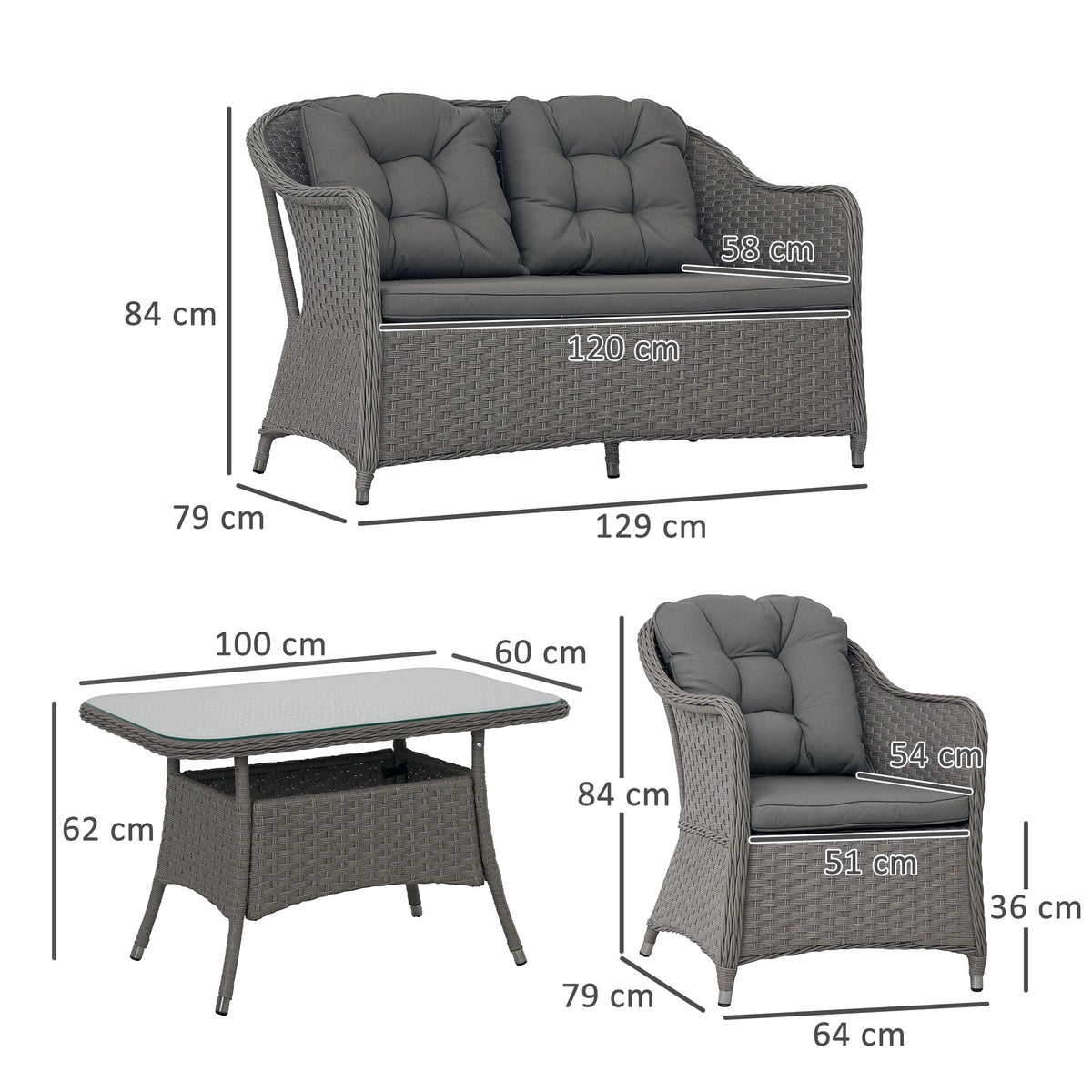 Outsunny 4 PCS Rattan Garden Furniture, Padded Cushions Conversation Sofa Set