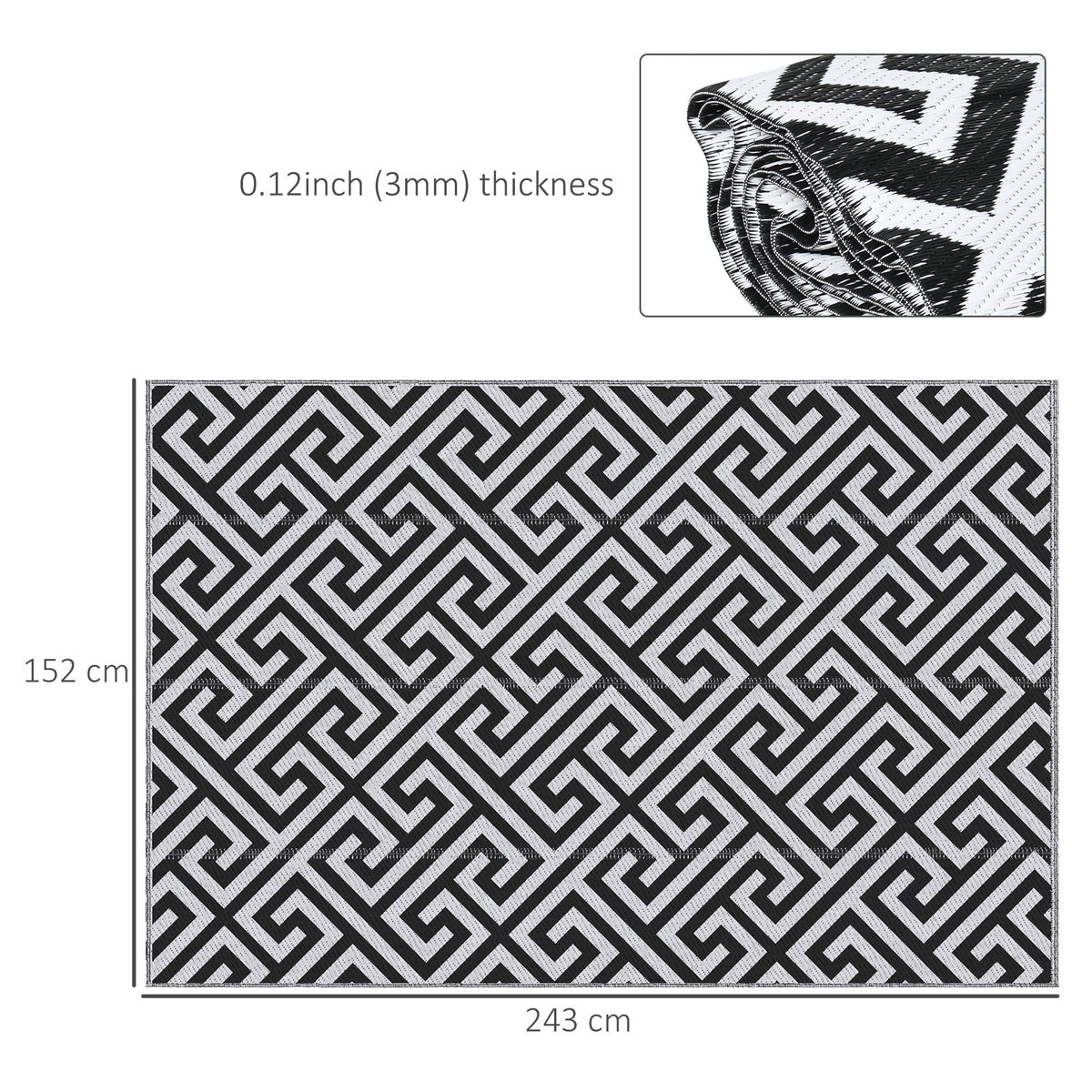 Outsunny 121 x 182 cm (4x6ft) Outdoor Rug Reversible Mat Plastic Straw Rug Portable RV Camping Mat for Garden Deck Picnic Indoor, Black & White