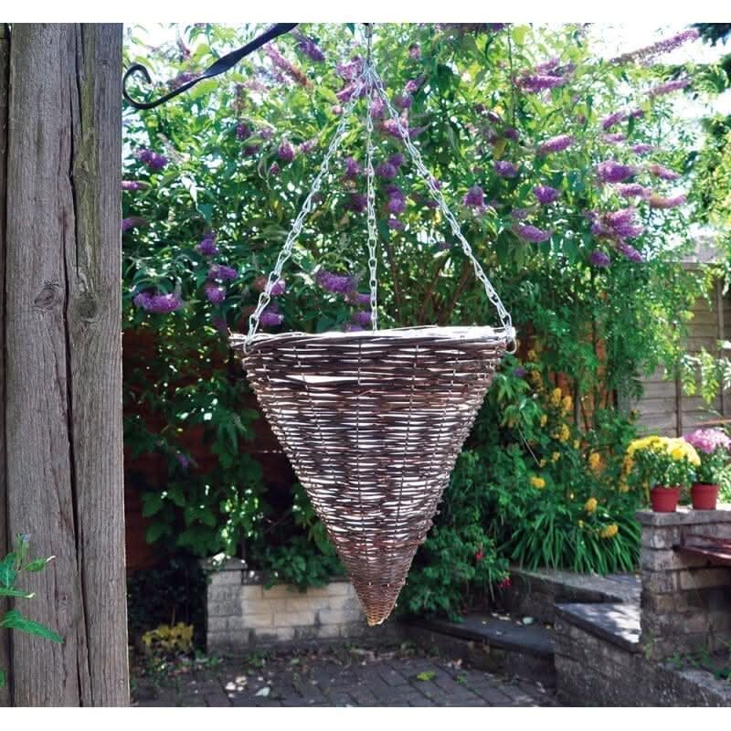 12 Inch Dark Rattan Cone Hanging Basket with Liner and Chain