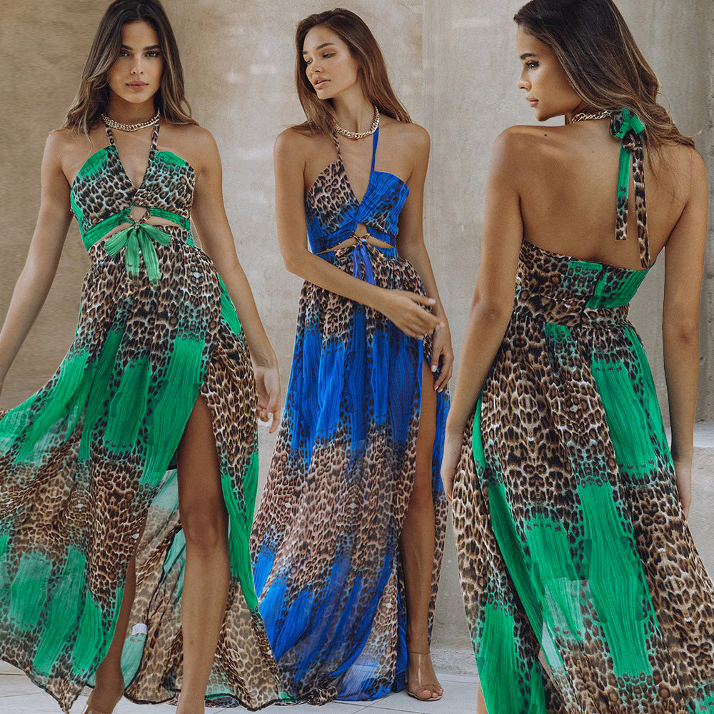 Leopard Print Backless Dress Bohemian Women