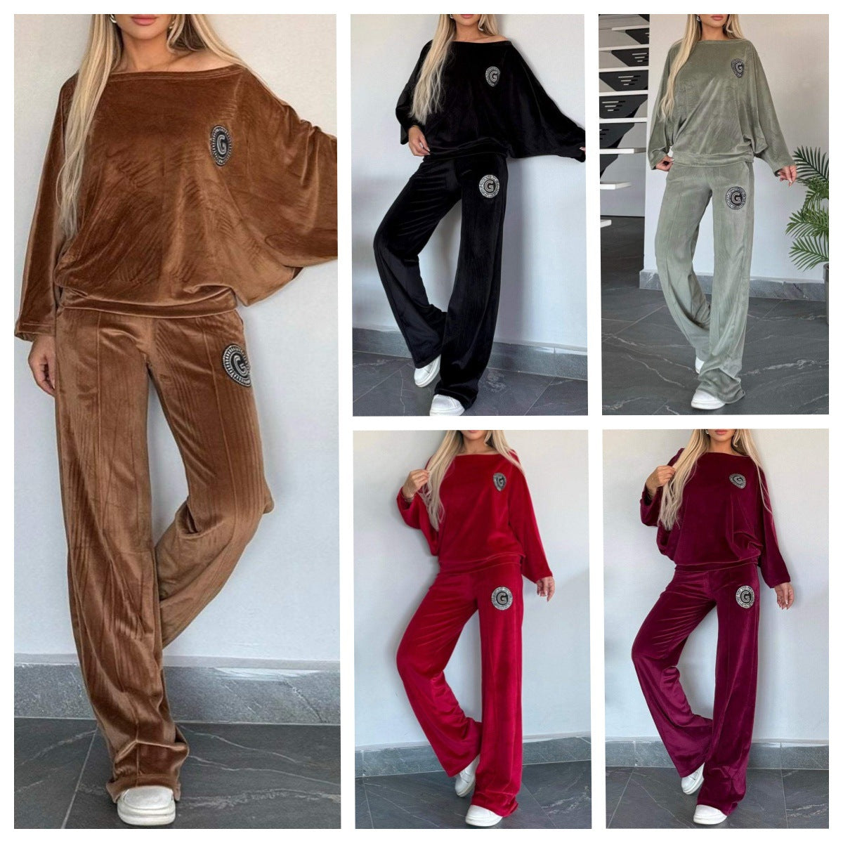Velvet Solid Color Crew-neck Batwing Sleeve Casual Two-piece Suit Women's Clothing
