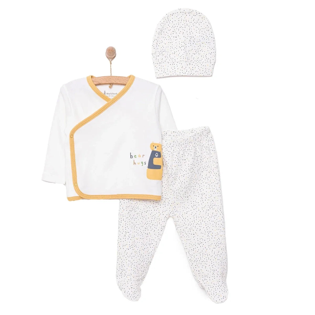 Bebbek "Bear Hugs" Slogan Peter Pan Collar Baby Hat, Vest & Bottoms Set (Newborn to 6 Months)