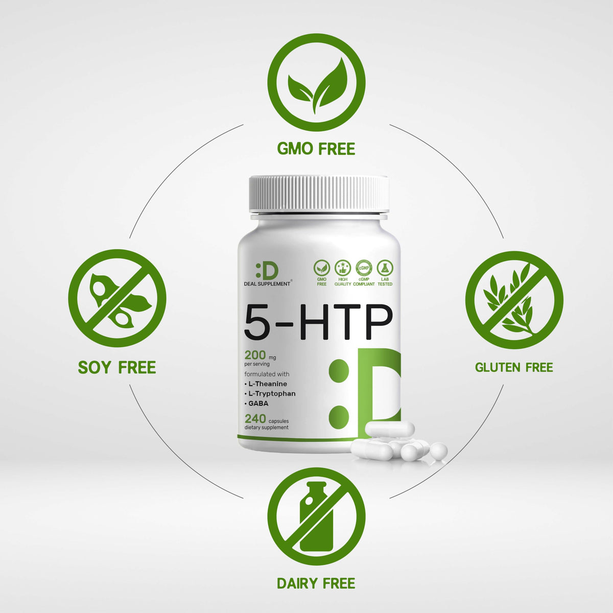 Deal Supplement 5-HTP 200mg per Serving, 240 Capsules | 98% African Griffonia Seed Extract | 4-in-1 Formula + L-Theanine, L-Tryptophan & GABA