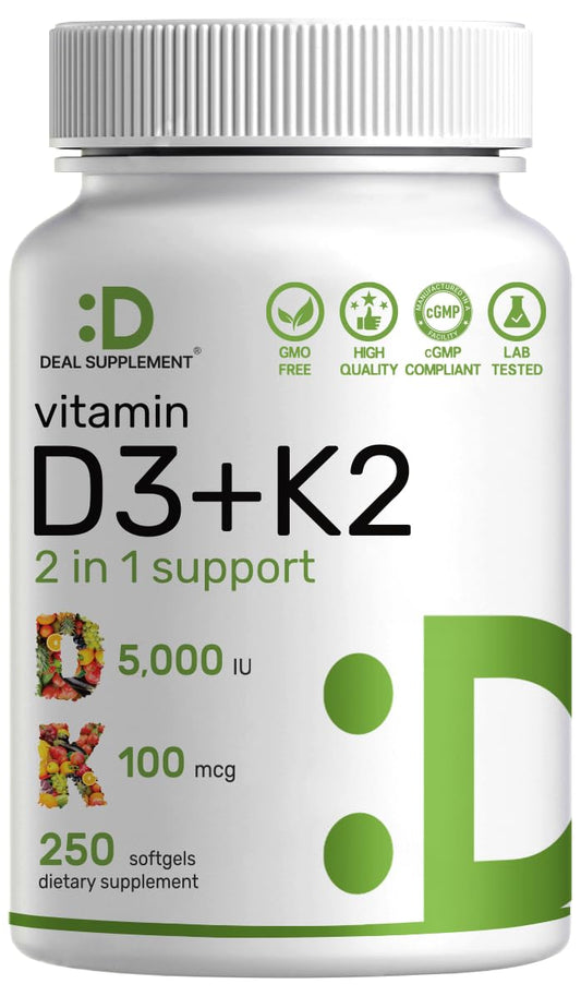 Vitamin D3 5000 IU + K2 MK7 Softgels – 2-in-1 Complex (250 Count) | Heart, Bone & Immune Support