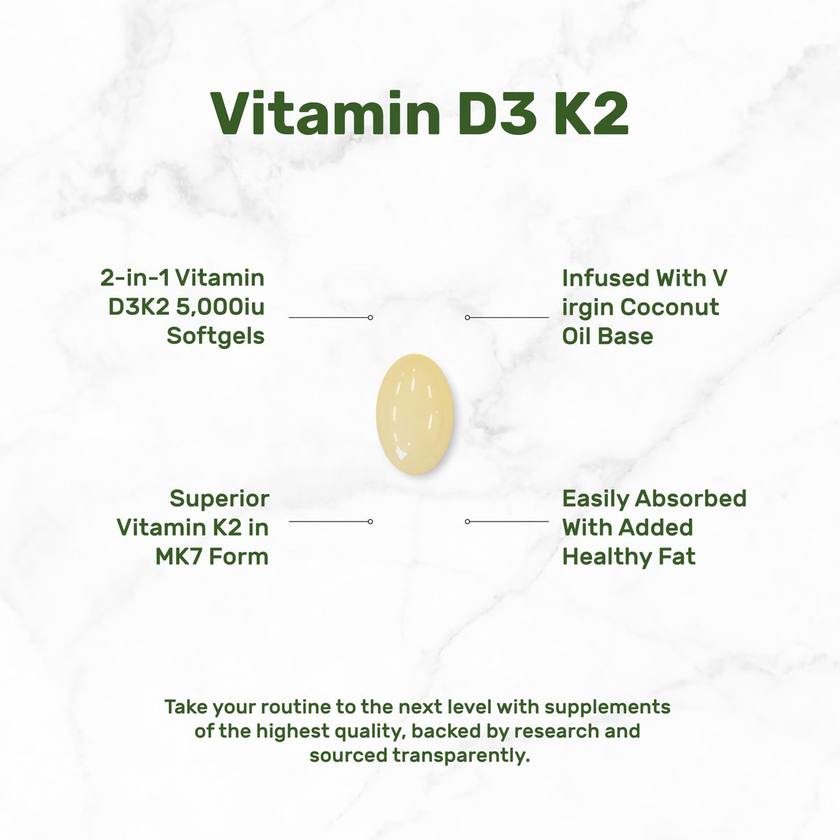 Vitamin D3 5000 IU + K2 MK7 Softgels — 2-in-1 Coconut Carrier | Heart, Bones & Immune Support