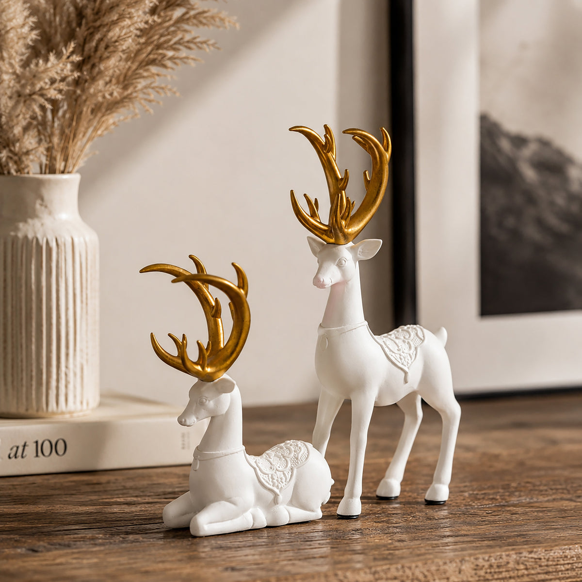 Set of 2 Christmas Reindeer Ornaments Cement Festive Decorations