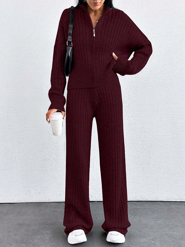 Autumn And Winter New European And American Women's Casual Loose Zip Top And Trousers Two-piece Set