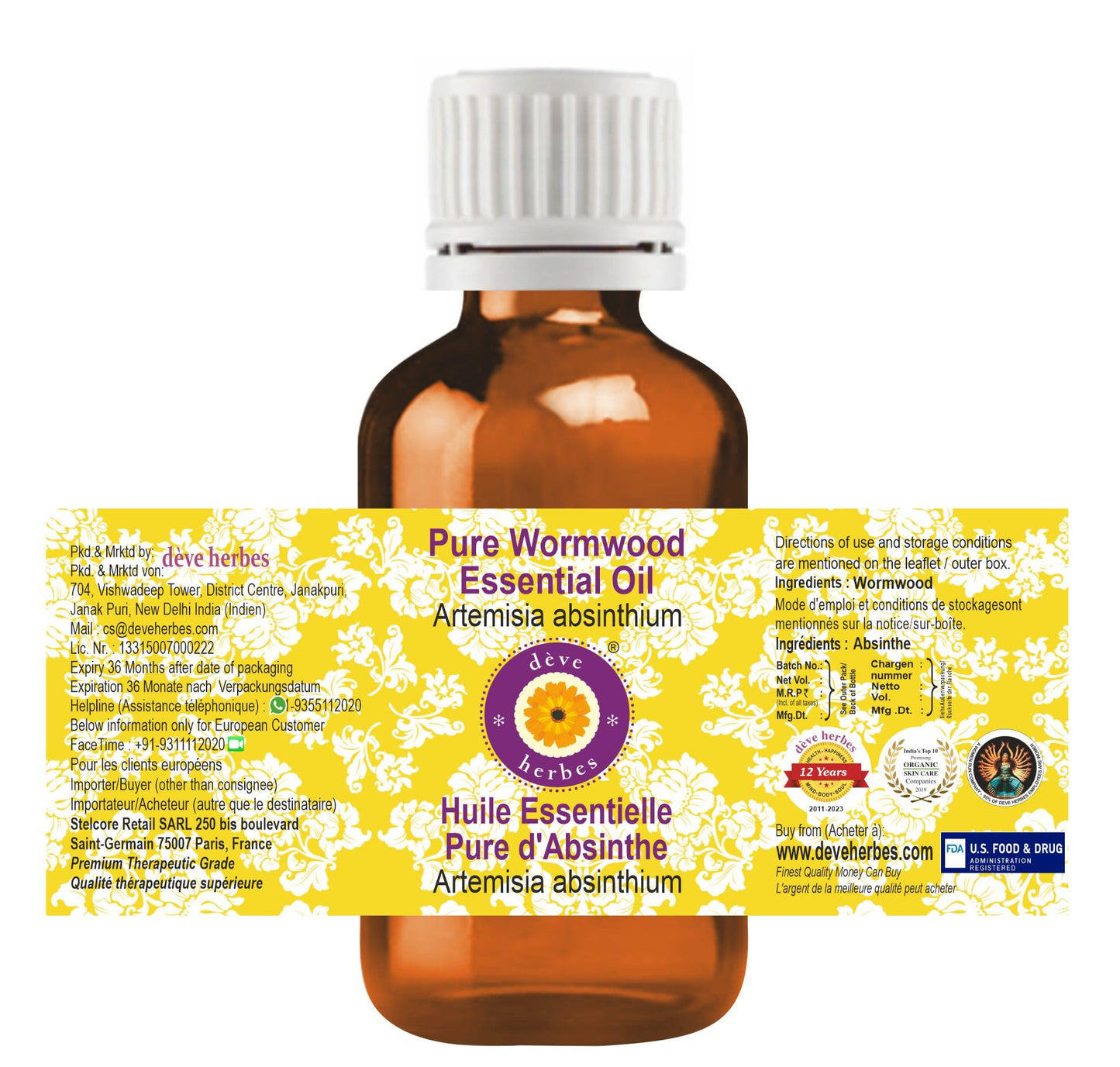 Deve Herbes Pure Wormwood Essential Oil (Artemisia Absinthium) Steam Distilled 50ml (1.69 oz)