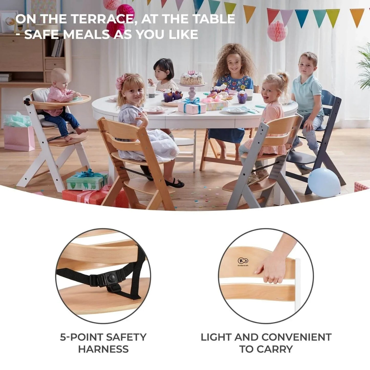 Kinderkraft Enock Wooden Highchair - Full Grey