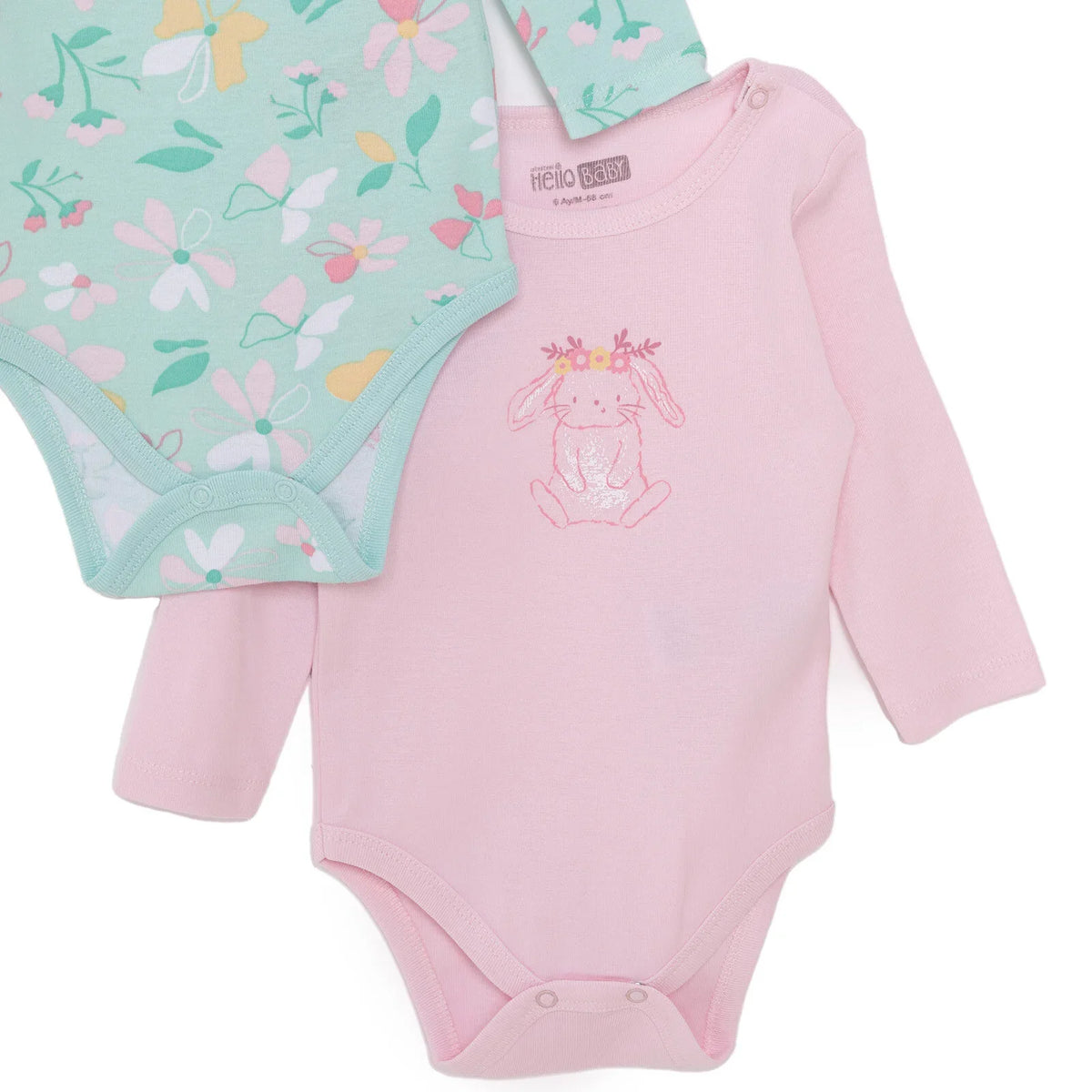 HelloBaby 2 Pack Floral & Bunny Print Long Sleeve Baby Bodysuits (3 Months to 3 Years)