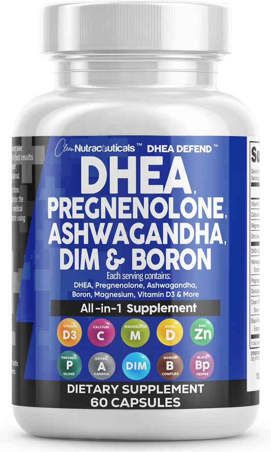 DHEA 200mg & Pregnenolone 100mg Supplement for Men & Women – DIM, Ashwagandha, Boron 6mg, Calcium Magnesium Zinc, Vitamin D3 5000 IU | Made in USA 60 Ct