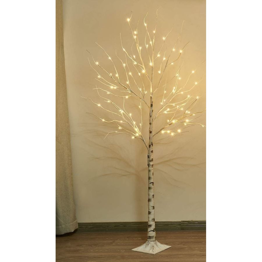 EAMBRITE 6FT White Christmas Twig Tree, Birch with Warm White LEDs, Timer