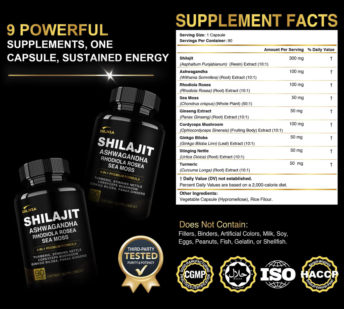 DLNIA Shilajit 9-in-1 Capsules – Organic Himalayan Complex (Ashwagandha, Sea Moss, Turmeric) – Vegan, Lab-Tested – 90 Capsules