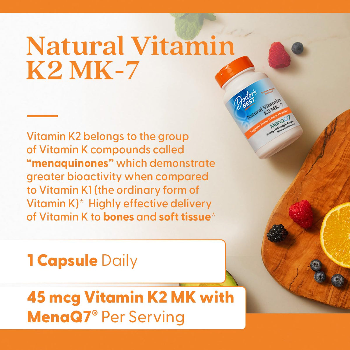 Doctor's Best Natural Vitamin K2 MK-7 Capsule (180 Ct) – Bone Health & Soft Tissue Elasticity