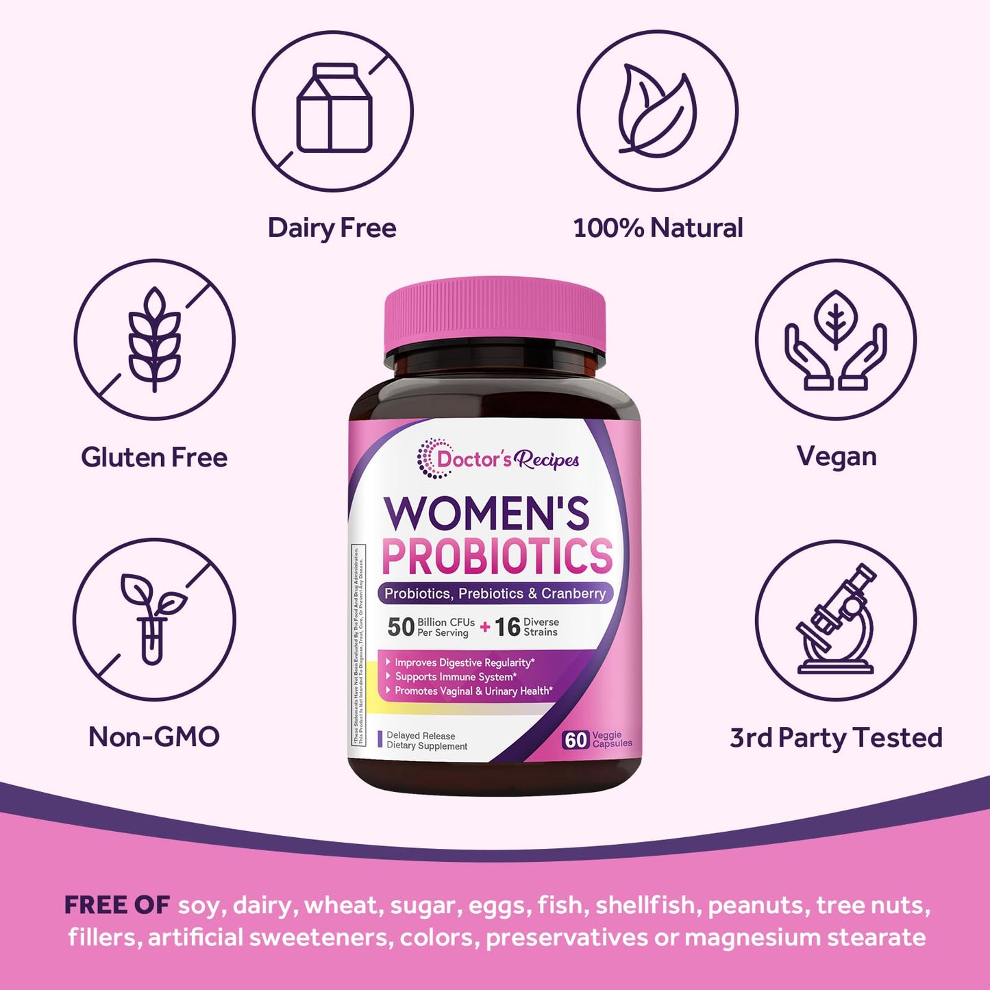 Doctor's Recipes Women's Probiotics | 50 Billion CFU, 16 Strains, Prebiotics & Cranberry | Shelf-Stable, Delayed Release | 120 Capsules (Pack of 2) | 60-Day Supply