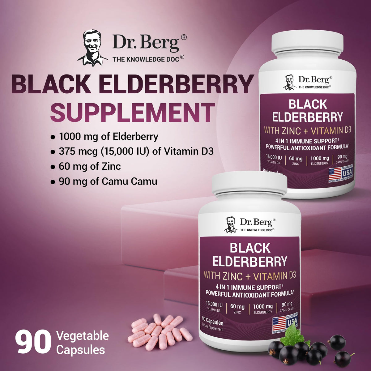 Dr. Berg Black Elderberry Capsules (4-in-1) with 15,000 IU Vitamin D, 60 mg Zinc & 90 mg Camu Camu – Advanced Immune Support, 90 Capsules