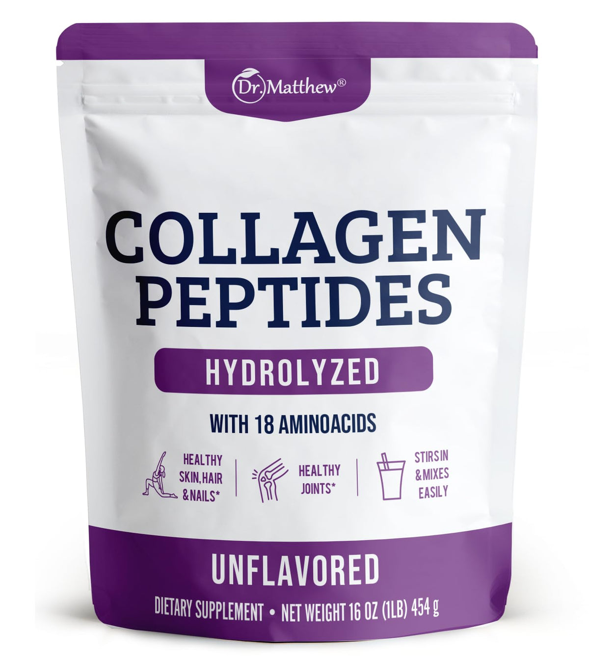 Dr. Matthew Hydrolyzed Collagen Peptides Powder – Unflavored, Grass-Fed, Type 1 & 3 (Hair, Skin, Joints)