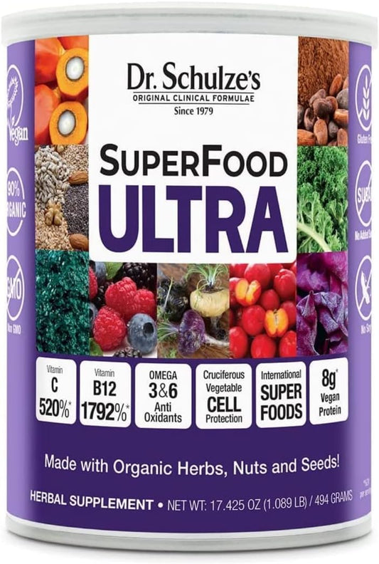 Dr. Schulze's SuperFood Ultra – Organic Super Food Powder with Vitamin B Complex & 520% Vitamin C | 17.4 oz