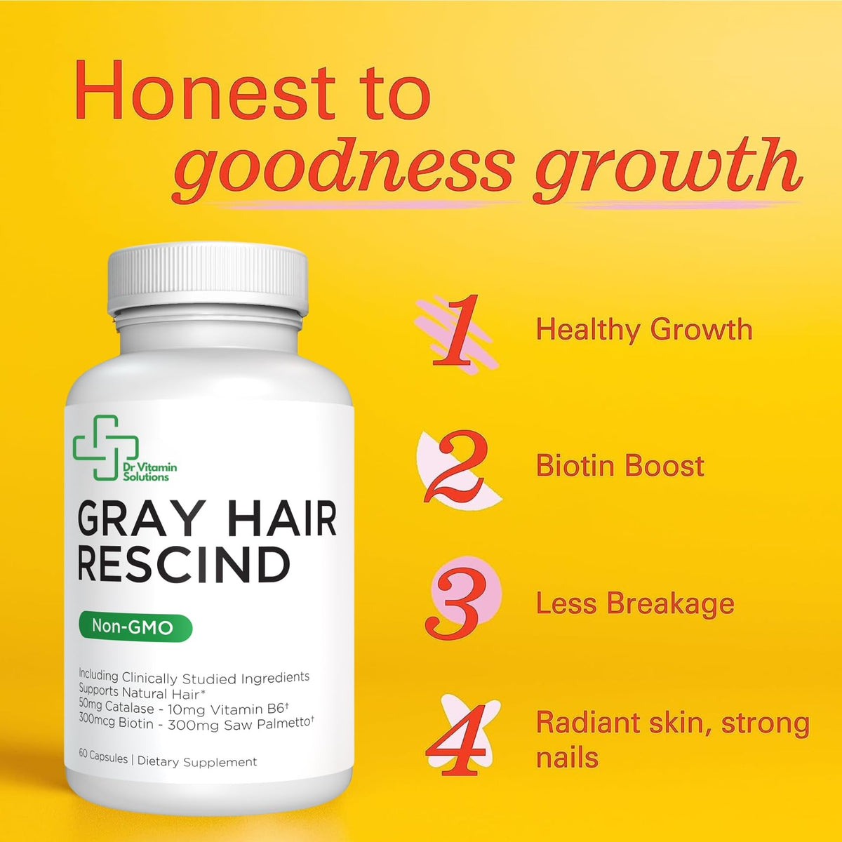 DR VITAMIN SOLUTIONS Gray Hair Rescind with Catalase - Antiaging Hair, Skin and Nails Vitamins, Pantothenic Acid, Folic Acid 400mcg, Biotin 300mcg, Saw Palmetto for Men and Women